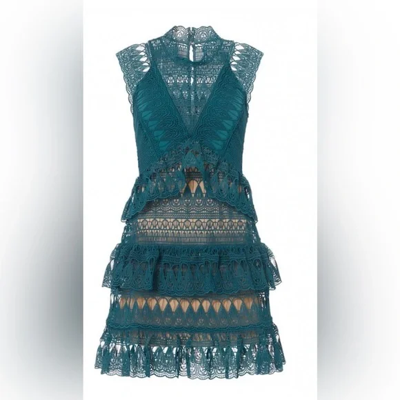 NEW SELF PORTRAIT GUIPURE LACE TEAL TIERED PARTY DRESS NWT! - Picture 2 of 8
